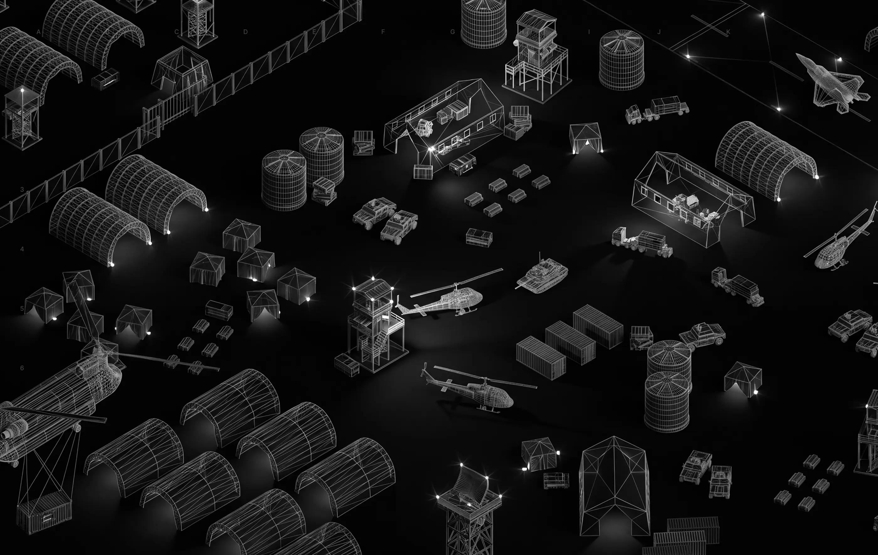 Wireframe illustration of a military base with tents, vehicles, helicopters and a Circus unit
