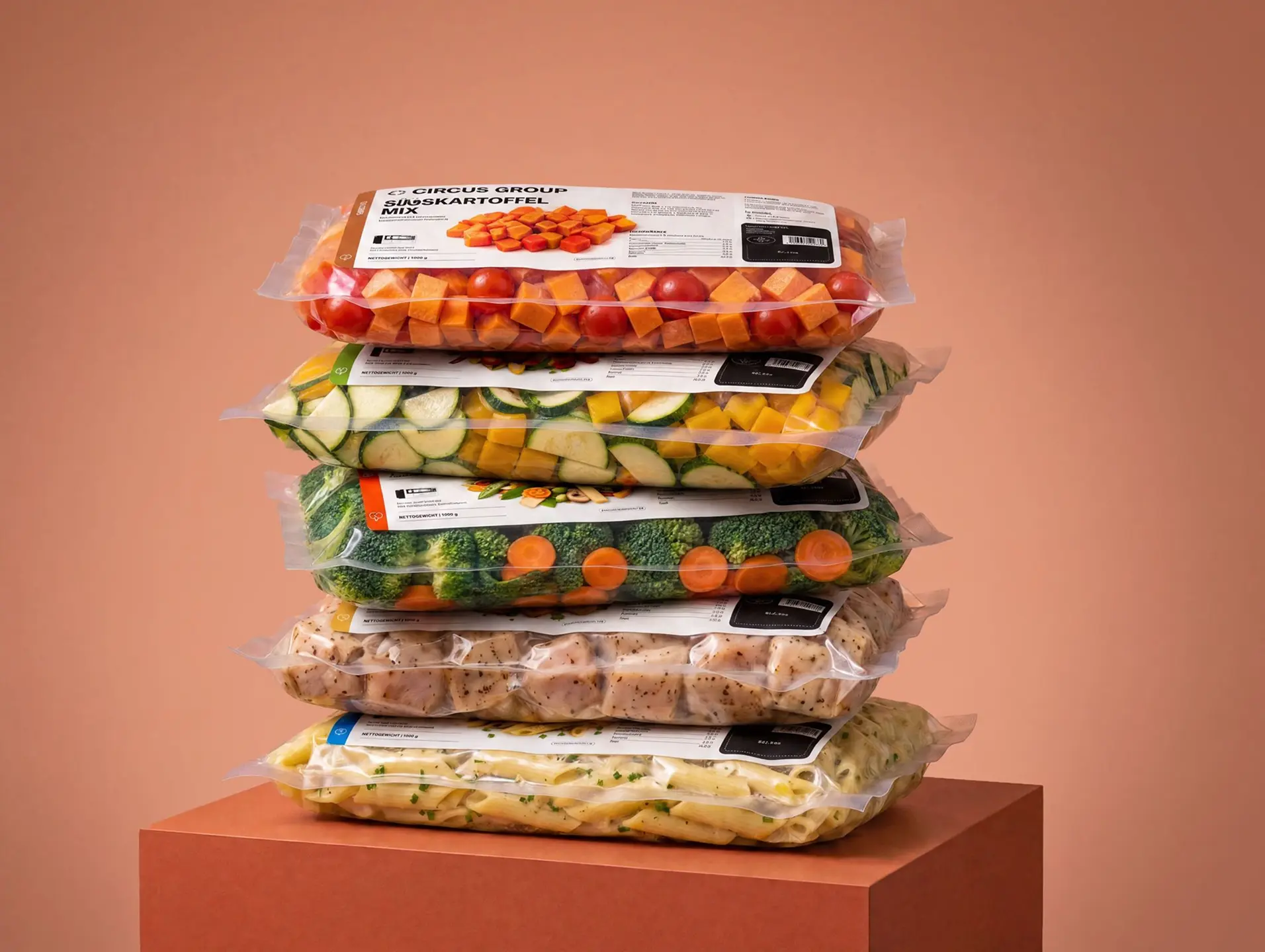 Circus vacuum-packed meal packs stacked on a pedestal
